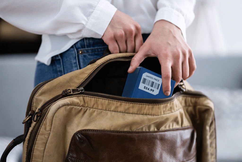 Person stealing a random item in a store, slipping it into a bag. Retail shrink. Retail Theft.